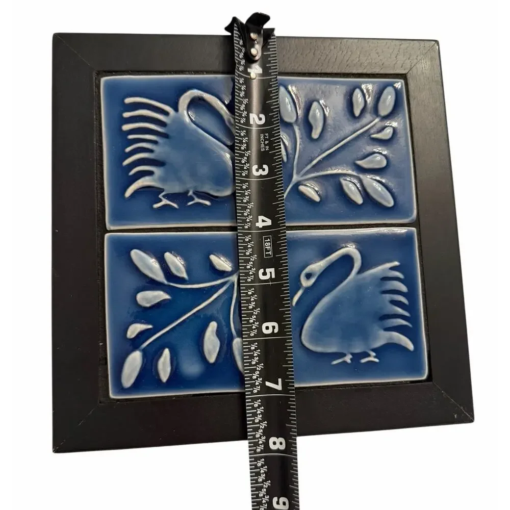 Vintage SWAN Wood Ceramic Tile TRIVET Wall Art Decor Blue 3710/67